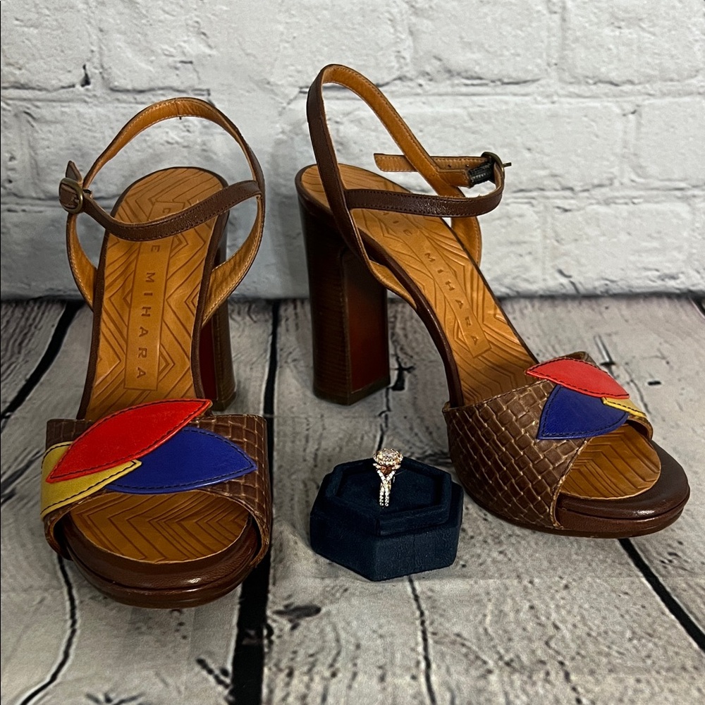 Chie Mihara Brown Heels with Red, Blue, and Yellow Accents